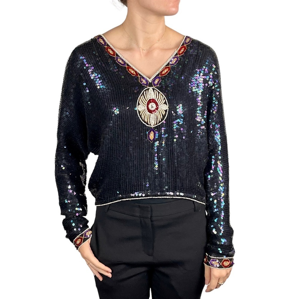 VINTAGE 1980'S SEQUIN EMBELLISHED DOLMAN SLEEVE HOLIDAY EVENING BLOUSE DE BINA
